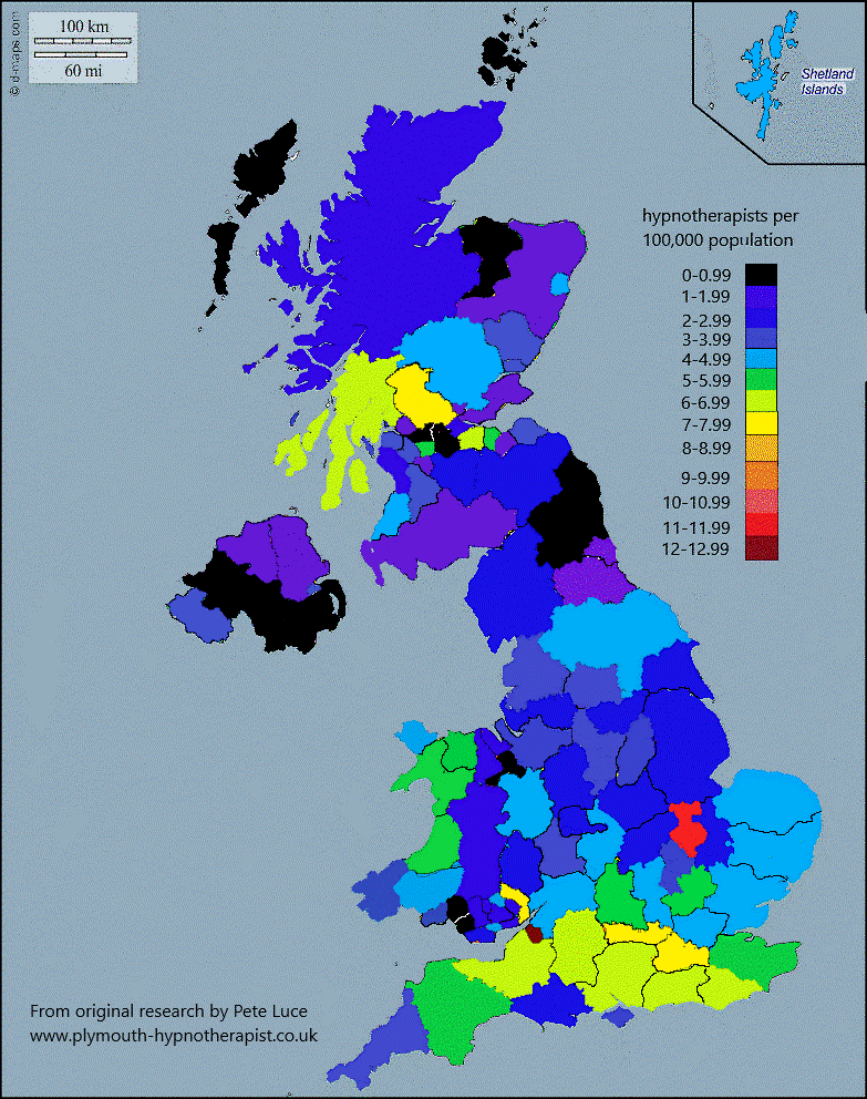 map showing distribution of hypnotherapists in UK