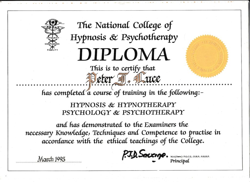 Pete Luce Hypnotherapist diploma 1993